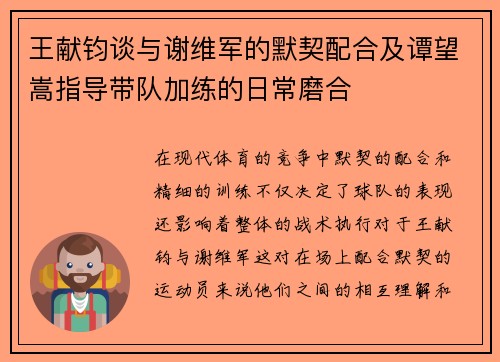 王献钧谈与谢维军的默契配合及谭望嵩指导带队加练的日常磨合
