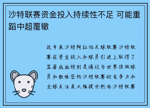 沙特联赛资金投入持续性不足 可能重蹈中超覆辙