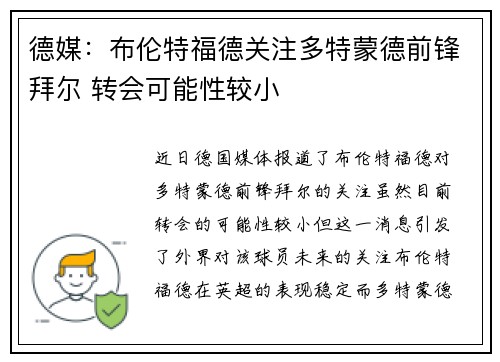 德媒：布伦特福德关注多特蒙德前锋拜尔 转会可能性较小