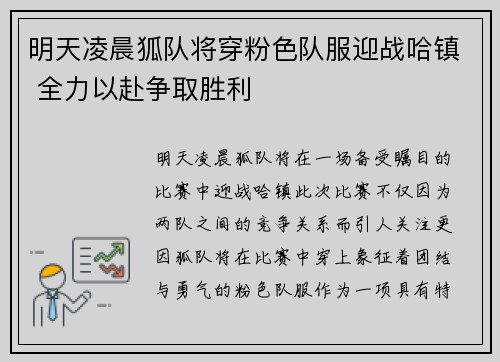 明天凌晨狐队将穿粉色队服迎战哈镇 全力以赴争取胜利